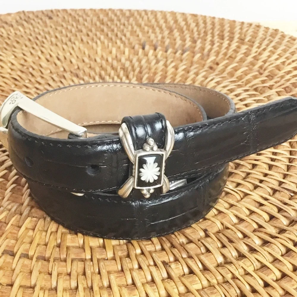 Brighton Black Floral Leather Belt Silver Size M L Womens